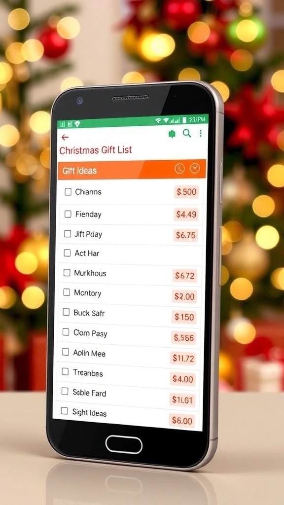 Smartphone with Christmas Gift List Notes App on screen, surrounded by festive holiday decorations.